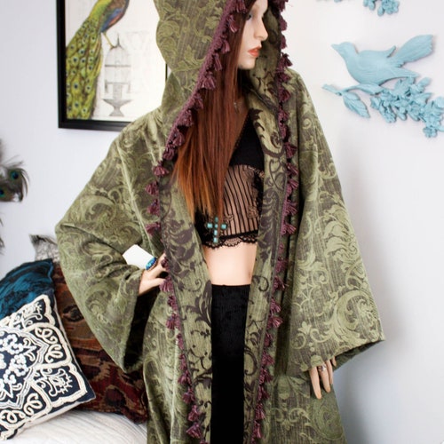 Long Moss Green Medieval HOODED TAPESTRY ROBE Bell Fringe Kimono, Vintage shops Retro Jacket, UpCycled Blanket Womens Eco Fashion Cloak size Large