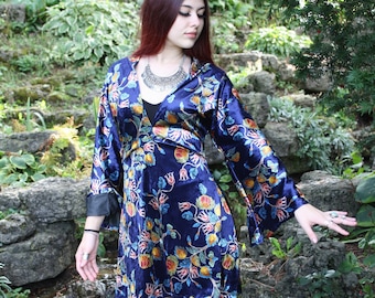 RETRO Velvet DRESS > Shiny Blue Bell Sleeve Tunic > FLORAL Folk Dress > Plunging Neckline Dress > Hippie Bohemian Festival Clothing