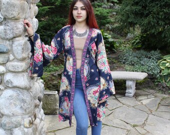 Big Bell Bat Sleeve COTTON KIMONO DUSTER Floral Asian Print Hippie Retro Custom Size