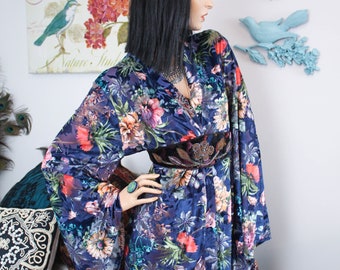 Asian Floral VELVET KIMONO | Pink Rose Bell Sleeve Duster | Burnout Velvet Festival Clothing | Womens One Size