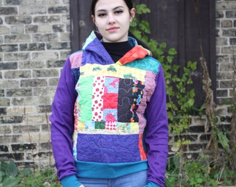 QUILTED Rainbow PATCHWORK HOODIE UpCycled Quilt Hippie Country Chic Sweatshirt size Small