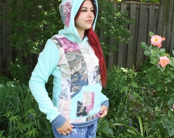 PATCHWORK QUILTED HOODIE Pastel Turquoise Brocade Top UpCycle Handmade Eco Friendly clothing