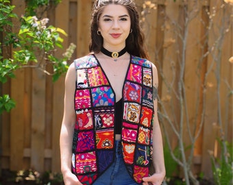 Upcycled KANTHA QUILT Vest | Rainbow Patchwork Vest | Embroidered Bohemian Clothing | Eco Fashion Cottagecore | Womens Gift