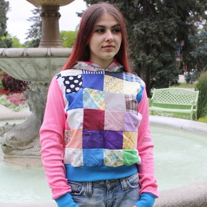 QUILTED PATCHWORK HOODIE UpCycle Eco Fashion Hippie Crop Sweater image 4