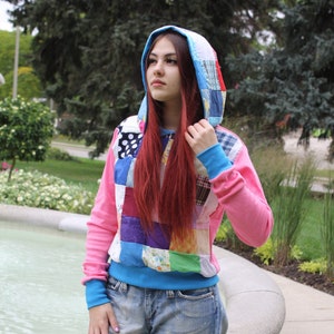 QUILTED PATCHWORK HOODIE UpCycle Eco Fashion Hippie Crop Sweater image 2