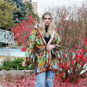 RETRO Satin ROBE, Vintage SEVENTIES Shiny Abstract Hooded Kimono, Psychedelic Hippie Sixties Jacket size Large image 2
