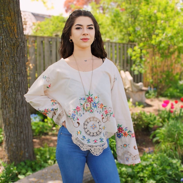 EMBROIDERED Cotton BLOUSE | Bell Sleeve Festival Top | Hippie Blouse | Vintage Eco Fashion Shirt | Bohemian UpCycled Clothing | Cottagecore