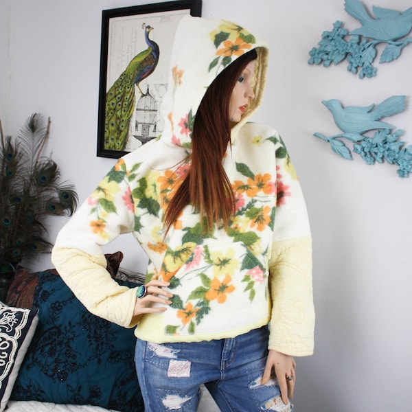 UpCycled RETRO FLORAL SWEATER | Chunky Hippie Crop Hoodie | Eco Fashion | Cottagecore Bohemian Clothing