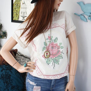 Upcycled QUILT Patch TSHIRT Cotton Short Sleeve Tee Bohemian Clothing for Women Eco Fashion Cross Stitch Rose Quilt Top image 2