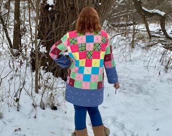 Quilted Denim Jacket Bohemian Patchwork Kimono Upcycled Cottagecore Chore Coat Festival Clothing