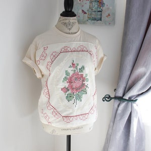 Upcycled QUILT Patch TSHIRT Cotton Short Sleeve Tee Bohemian Clothing for Women Eco Fashion Cross Stitch Rose Quilt Top image 3