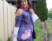 Upcycled PATCHWORK PLAID top, HEART Patch w Lace Bell Sleeves