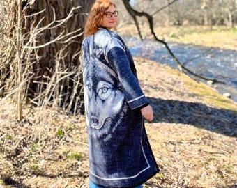 Upcycled Wolf Fleece Kimono: Boho Goth Oversized Coat for Cottagecore & Outdoorsy Dog Lovers