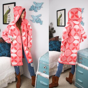 FLEECE BLANKET JACKET, Retro Geometric Daisy Coat, UpCycled Blanket Coat, Women's Eco Fashion, Cottagecore Clothing, Chore Coat image 1