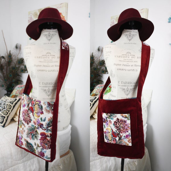 Bolso de tapiz de brocado floral, bolso de libro de terciopelo burdeos, bolso de hombro hippie bohemio, bolso de cuerpo cruzado, bolso de mano