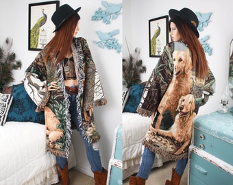 UPCYCLED Dog Lover TAPESTRY JACKET | Vintage Golden Retriever Coat | Eco Fashion | Cottagecore Jacket | Bohemian | Sustainable Clothing