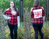 UPCYCLED Embroidered TOP, Cold Shoulder Sweater, Buffalo Plaid Thermal Warm Winter Top, Woman 39 s L XL