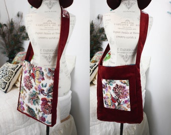FLORAL BROCADE Tapestry Purse, Burgundy Velvet Book Bag, Bohemian Hippie Shoulder Bag, Cross body Bag, Tote Bag