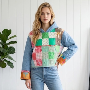May include: A long-sleeve hooded sweatshirt featuring a patchwork front panel made of various green, pink, and white patterned fabric squares, paired with light blue denim jeans and white trainers. The sleeves are light blue with orange cuffs.