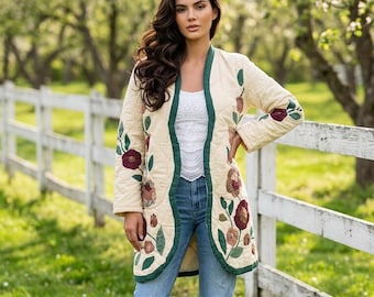 Floral Applique Quilted Chore Coat | Upcycled Victorian Cottagecore Jacket | Sustainable Artisan Women's Gift