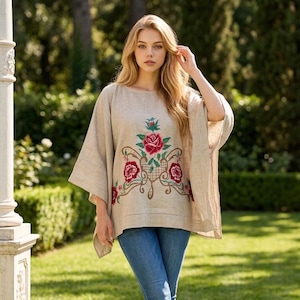Upcycled French Linen Blouse with Rose Embroidery, Reversible Brown Lagenlook Top, Handmade Boho Tunic