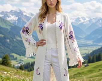 Hand Embroidered Purple Floral Cardigan Bohemian Cottagecore Upcycled Crochet Festival Knitwear Sweater