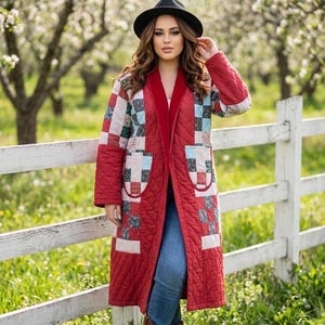 Cappotto patchwork riciclato, giacca kimono cottagecore patchwork con tasche XL