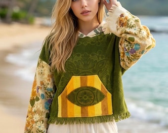 TOWEL TOP, Moss Green Vintage Terry Cloth Crop Top | Upcycled Bell Sleeve Boho Beach Cover Up Retro 70s Festival Shirt