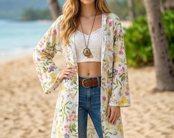 Bohemian Cotton Kimono Jacket: Cottagecore Butterfly Lover's Gift | Upcycled Floral Festival Clothing