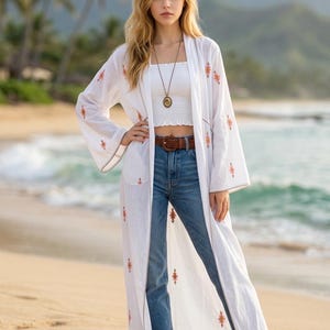 Boho-bestickter Kimono-Staubmantel – Ethnischer Strandüberwurf im Südwest-Stil für Festivals