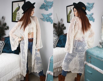 CROCHET Lace KIMONO | Antique Cotton Lace Beach Cover Up | UpCycled Bohemian Duster | Festival Clothing | Eco Fashion Robe