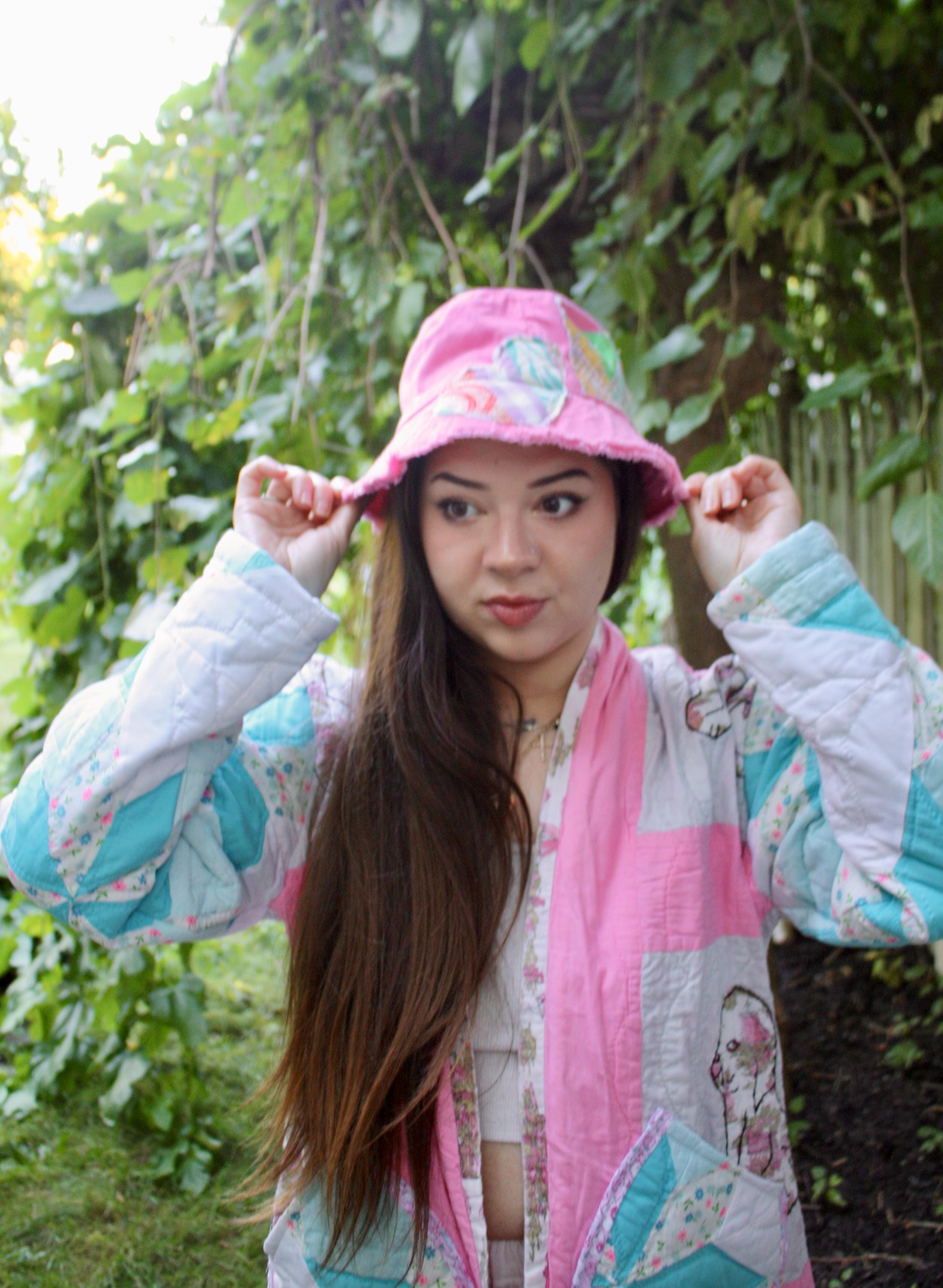 Upcycled Pink Patchwork Bucket Hat - Quilted Beach Accessory 