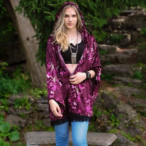 VELVET HOODED KIMONO, Floral Duster with Bell Sleeves for Boho Festival Fashion