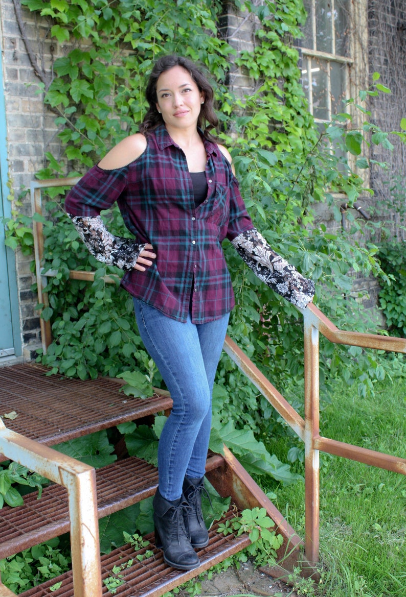 BELL SLEEVE UpCycle PLAID shirt paisley lace top cold Etsy