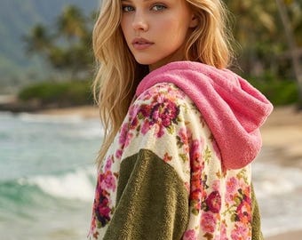 Beach Cover Up Towel Shirt | Upcycled Flower Bathing Suit Cover Retro Bell Sleeves