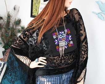 UpCycled EMBROIDERED Blouse | Velvet Bell Sleeve Top | FRINGE Kimono| Bohemian Gothic Clothing | Eco Fashion | Handmade Gift