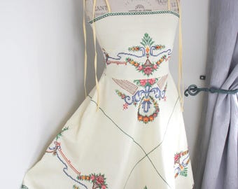 Upcycled Tablecloth Dress, Embroidered Boho Midi Dress, Bow Strap Festival Beach Cover Up