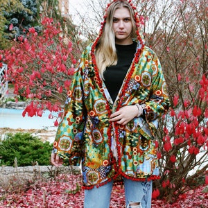 RETRO Satin ROBE, Vintage SEVENTIES Shiny Abstract Hooded Kimono, Psychedelic Hippie Sixties Jacket size Large image 8
