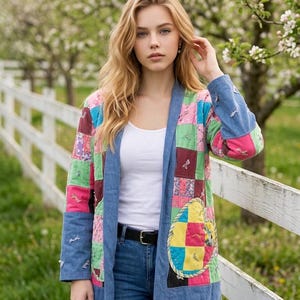 May include: A long-sleeved patchwork jacket featuring a mix of blue denim panels and quilted squares in various colours including pink, green, yellow, and floral patterns. The jacket has an open front, a collarless neckline, and two large pockets.