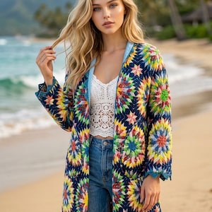 Celestial Quilted Jacket Vintage Blue Star Patchwork Kimono Cottagecore Chore Coat Oversized Cotton Outerwear