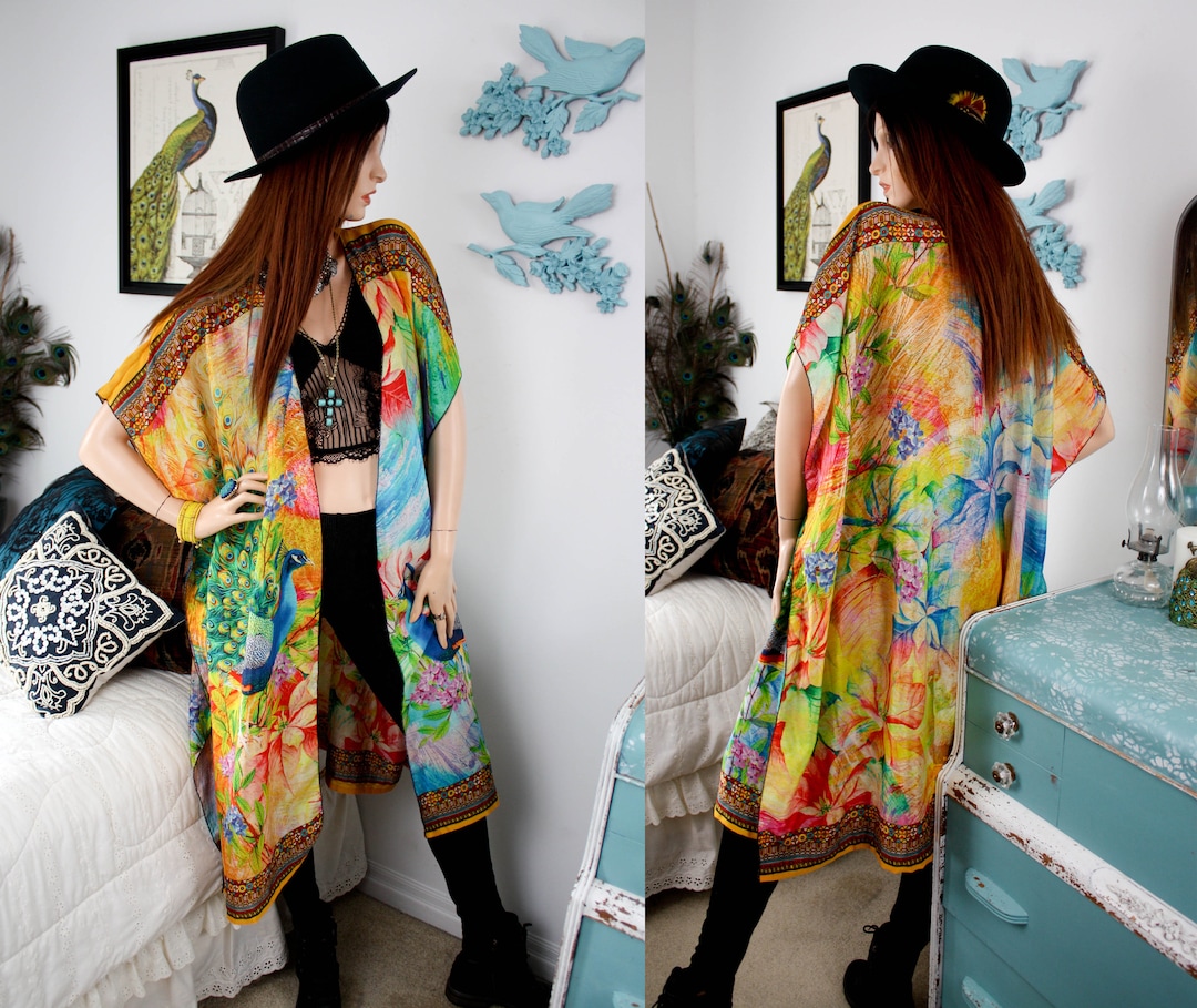 PEACOCK Beach Cover up RAINBOW Rose Floral Sheer DUSTER Etsy