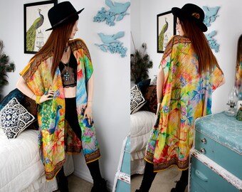 PEACOCK Beach Cover Up | RAINBOW Rose Sheer DUSTER | Bohemian Kimono | Sustainable Festival Clothing | Womens Slow Fashion | Handmade gift