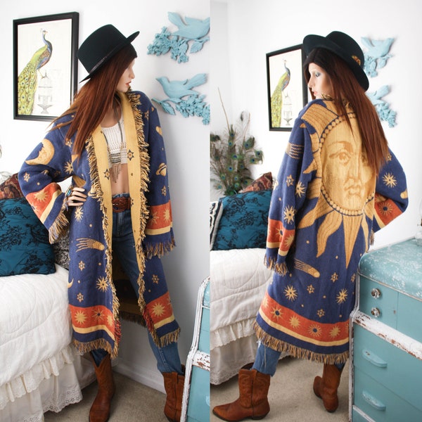 Handmade Tapestry Fringe Jacket Celestial Sun Moon Stars Bohemian Coat Womens Festival Overcoat Kimono