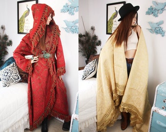 Gold Medieval HOODED TAPESTRY ROBE | Vintage Retro Kimono | UpCycled Blanket | Custom Size | Womens Eco Fashion Coat