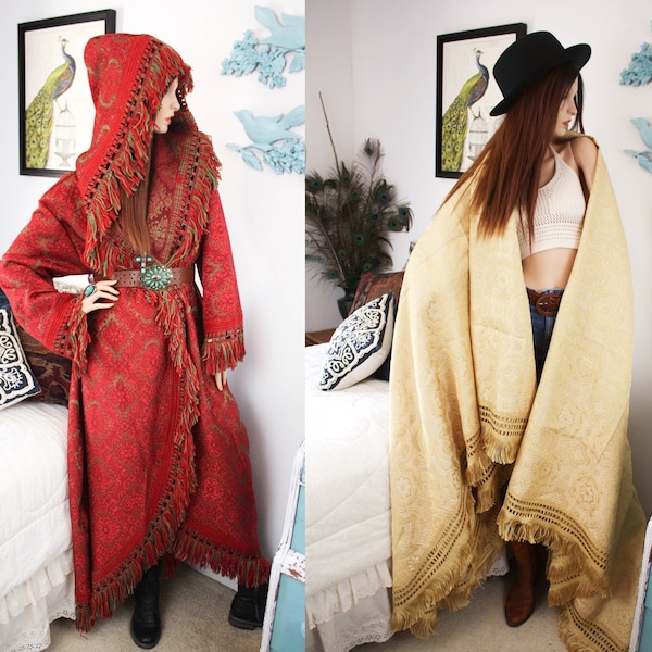 Gold Medieval HOODED TAPESTRY ROBE | Vintage Retro Kimono | UpCycled Blanket | Custom Size | Womens Eco Fashion Coat