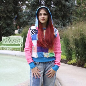 QUILTED PATCHWORK HOODIE UpCycle Eco Fashion Hippie Crop Sweater image 8