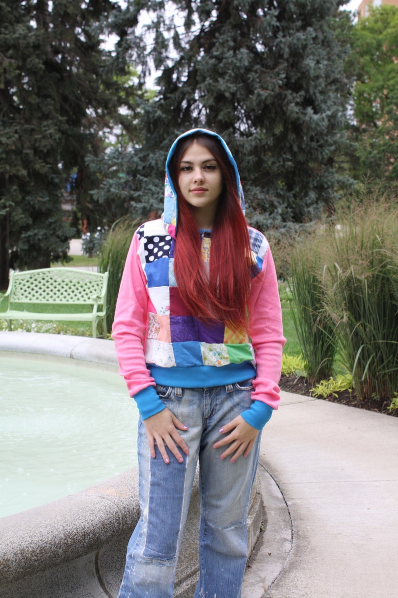 QUILTED PATCHWORK HOODIE UpCycle Eco Fashion Hippie Crop Sweater image 8