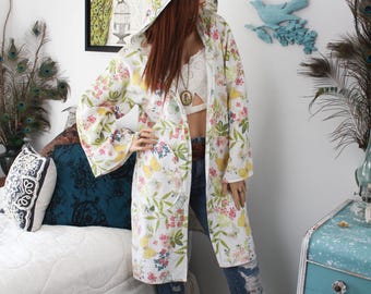 Bohemian Cotton Kimono Jacket: Cottagecore Butterfly Lover's Gift | Upcycled Floral Festival Clothing
