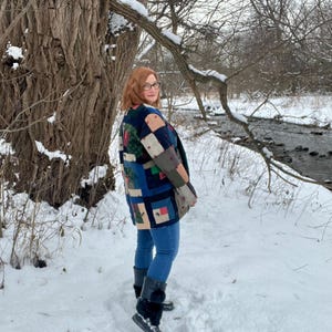 Veste kimono matelassée en laine recyclée, manteau bohème pour corvée du festival, patchwork vintage, vêtements d'extérieur durables