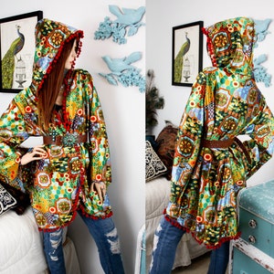 RETRO Satin ROBE, Vintage SEVENTIES Shiny Abstract Hooded Kimono, Psychedelic Hippie Sixties Jacket size Large image 5